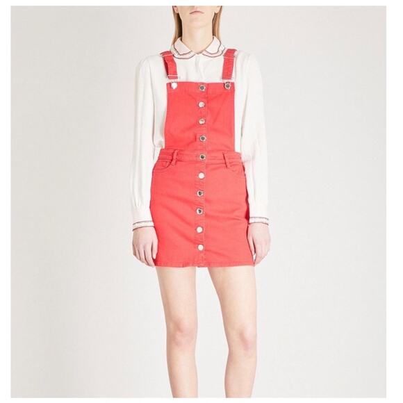 Maje Rira Denim Mini Dress Red Bib Overalls Skirt red orange - Picture 1 of 9